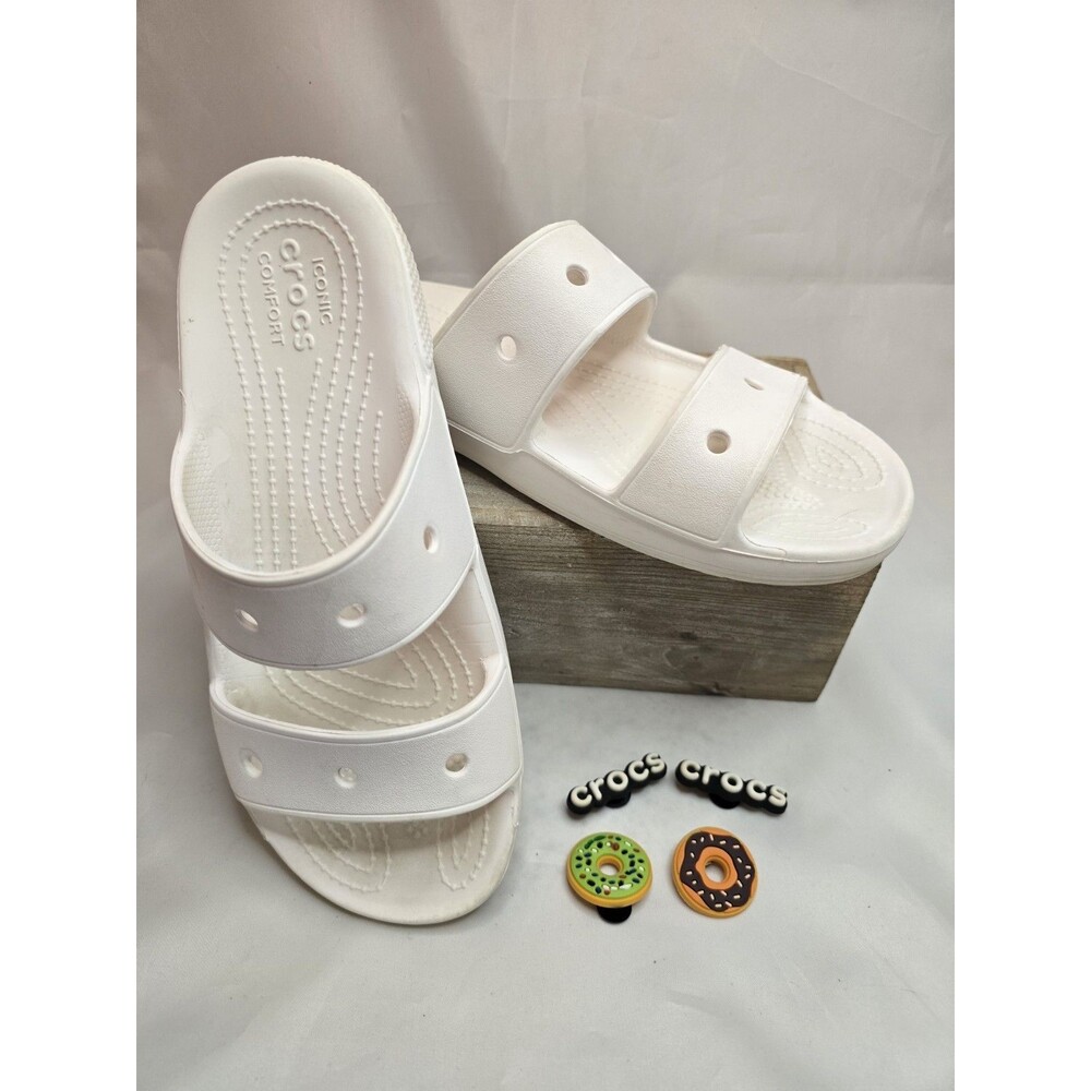 Crocs Women’s Size 7 White Two Strap Slide Sandals with 4 Jibbitz Charms Donut
